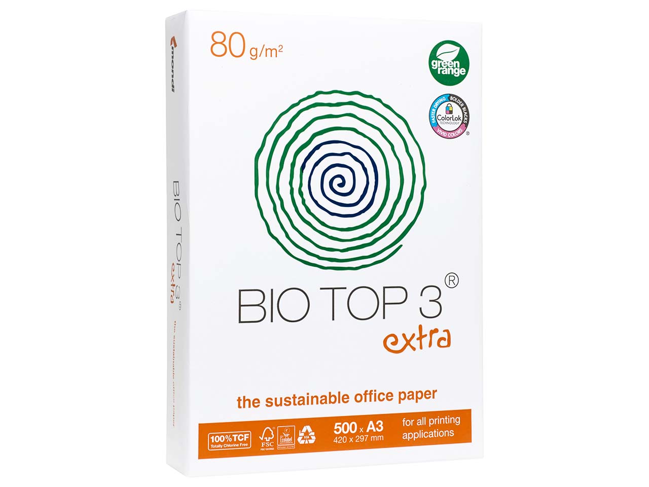500 Blatt mondi Multifunktionales Kopierpapier "BioTop 3 extra", 80 g/m², TCF, DIN A3