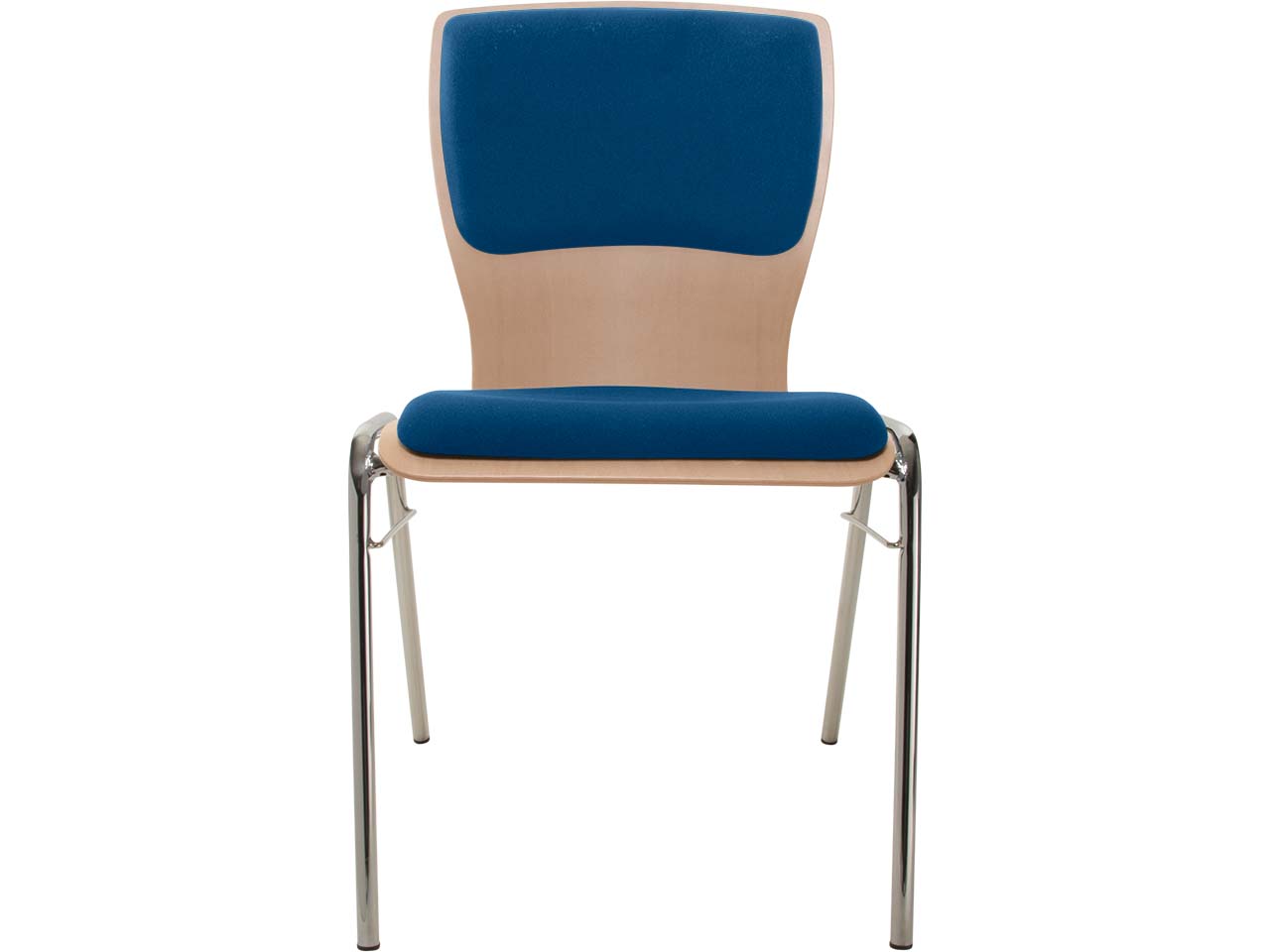 Besucherstuhl "A29" Buche lackiert, Gestell verchr., Steg, Sitz- und Rückenpolster blau