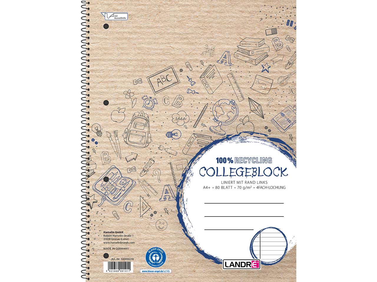 LANDRÉ Recycling-Collegeblock mit Rand links, DIN A4, liniert, 80 Blatt