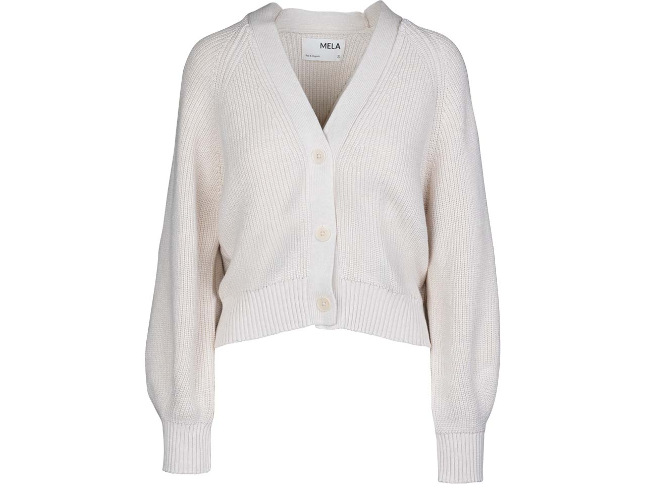 MELA Bio-Damen-Rippstrick-Cardigan "BHUMA" mit Raglan-Ärmel, creme melange, Gr. S