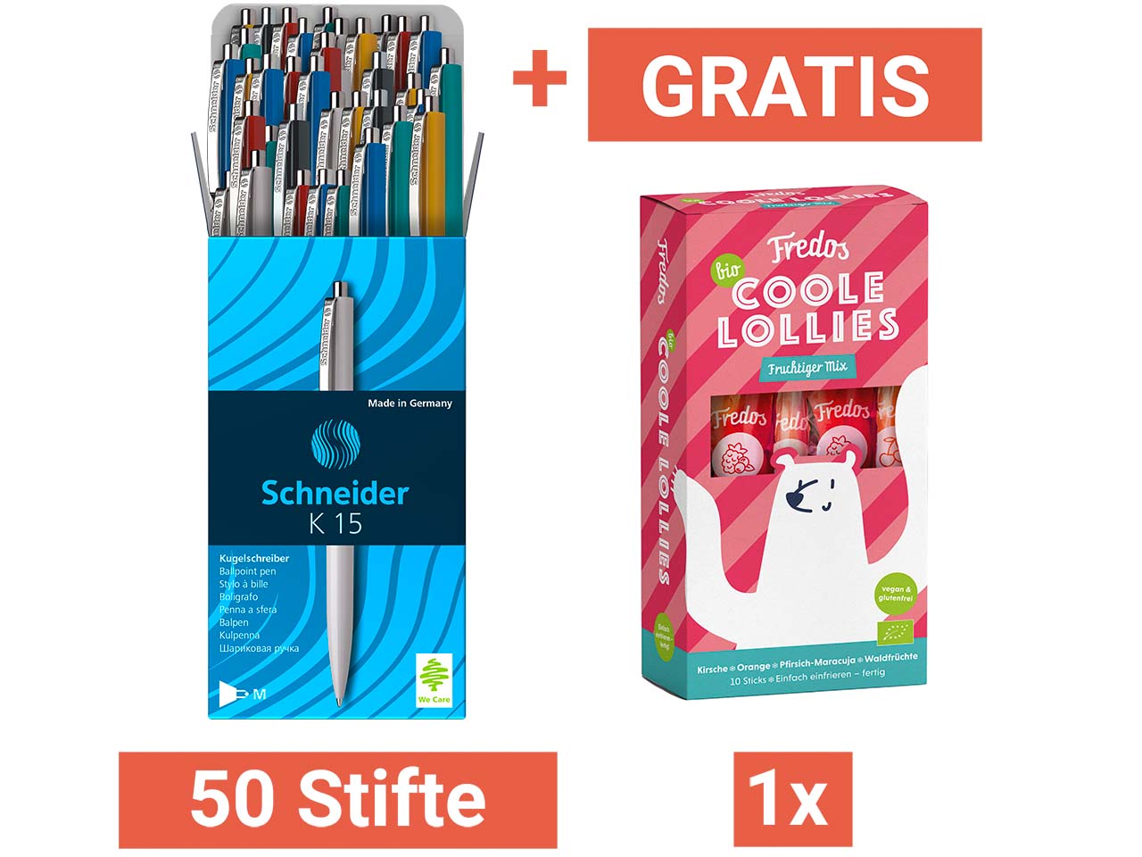 Schneider 50er-Set Kugelschreiber "K15" sortierte Farben + GRATIS Wassereis 10er-Pack