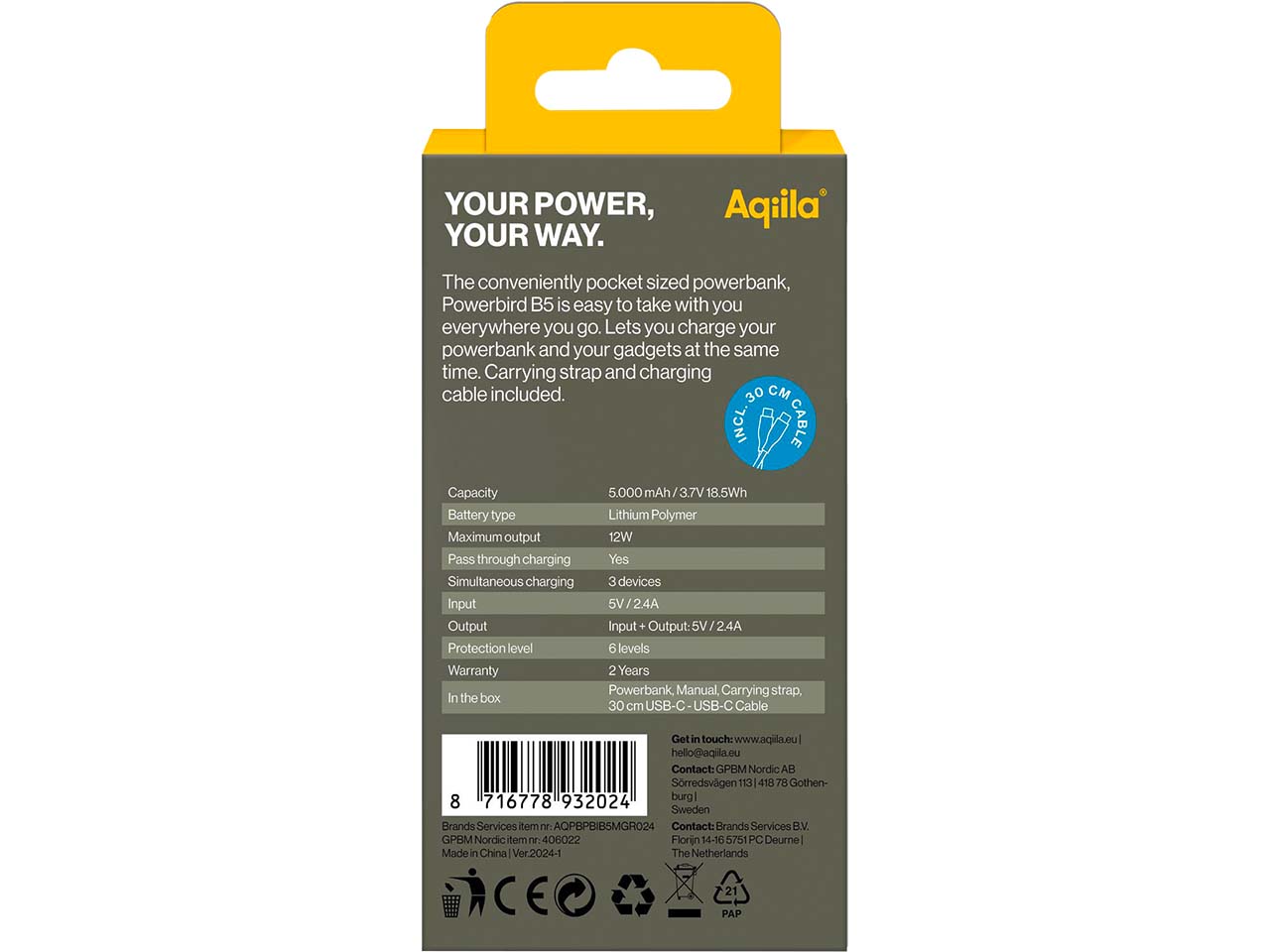 Aqiila Powerbank "Powerbird B5" 5.000 mAh, moosgrün