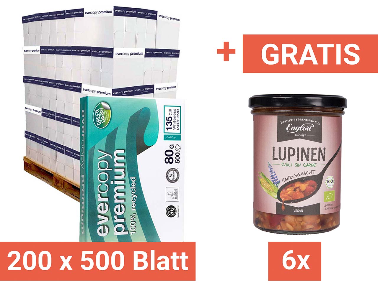 200x500Blatt Multifunkt. Recycl.-Kopierpapier"EvercopyPremium"DINA4+GratisBioChilisinCarne