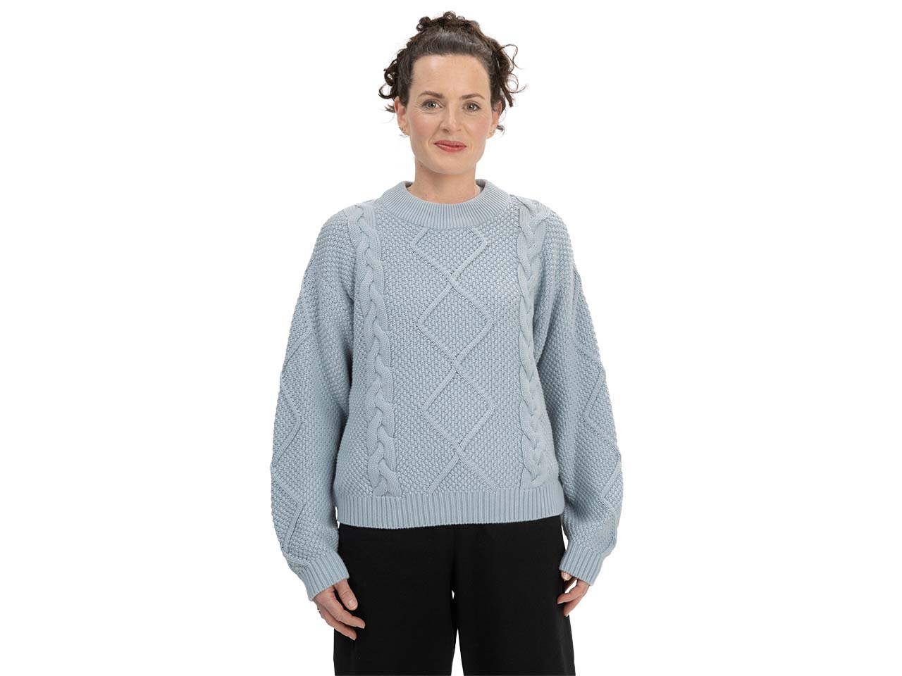 MELA Bio-Damen-Strickpullover "SAMAIRA" mit Zopfmuster, cloudy blue, Gr. S