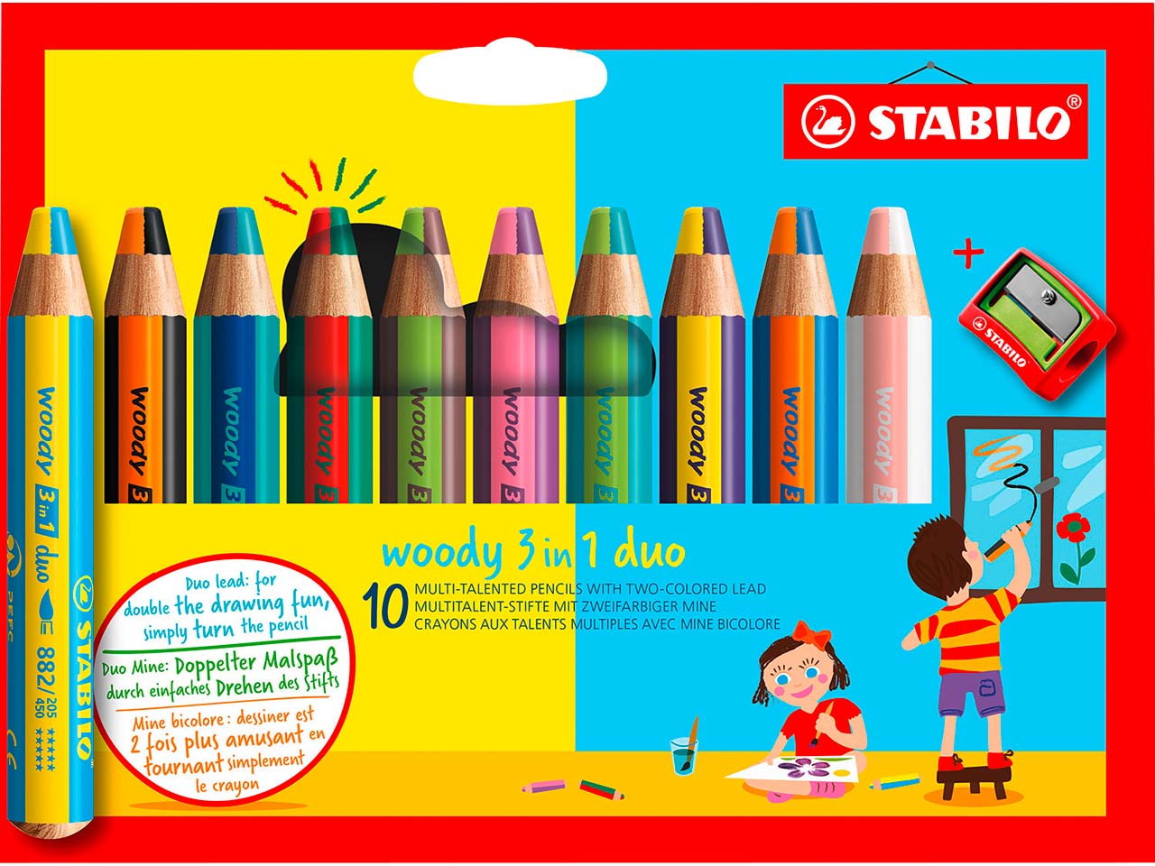 STABILO Duo Buntstift woody 3 in 1 duo, zweifarbige Mine, 10er Pack inkl. Spitzer