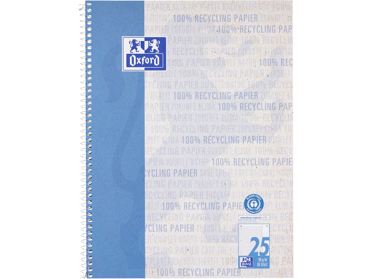 OXFORD Recycling Collegeblock A4+, 80 Blatt, liniert mit weißem Rand rechts 90g/m²