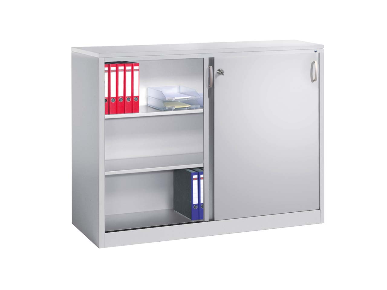 Schiebetürenschrank aus Stahl 160 cm breit lichtgrau  T 50  H 120