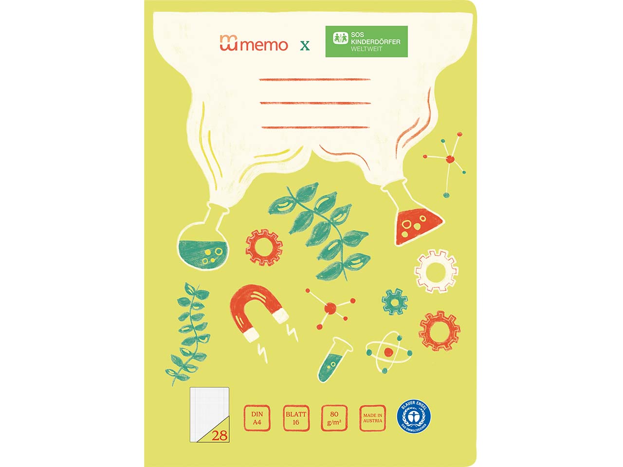 memo x SOS-Kinderdörfer weltweit Schulheft DIN A4, 16 Blatt, Lin. 28