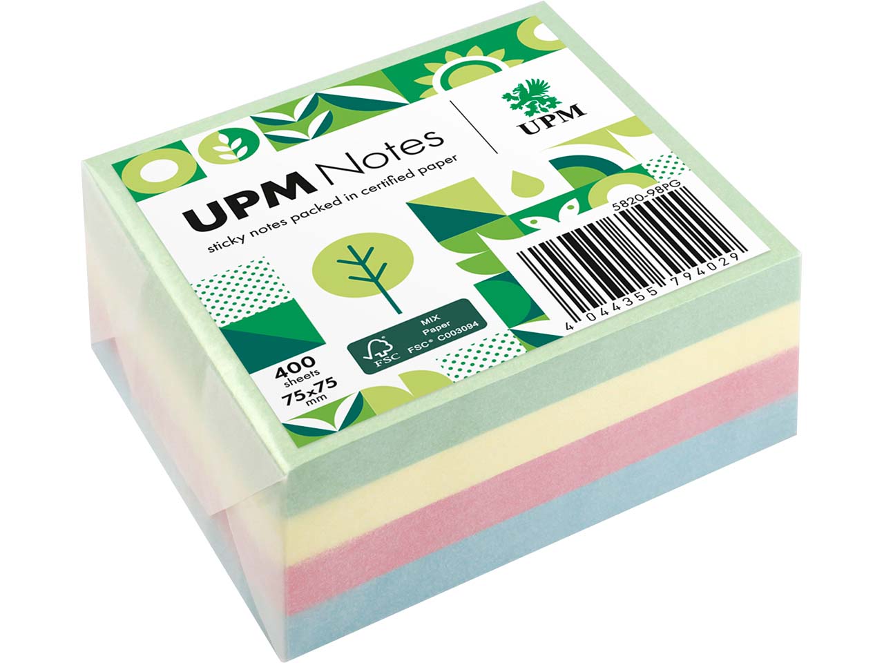 UPM Super Sticky Haftnotiz-Quader "Pastellmix" 75 x 75 mm, 400 Blatt, farbig sortiert