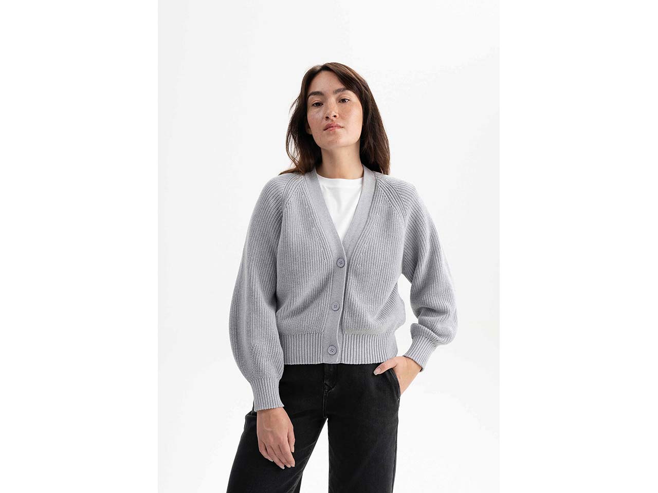 MELA Bio-Damen-Rippstrick-Cardigan 'BHUMA' mit Raglan-Ärmel, grau melange, Gr. S