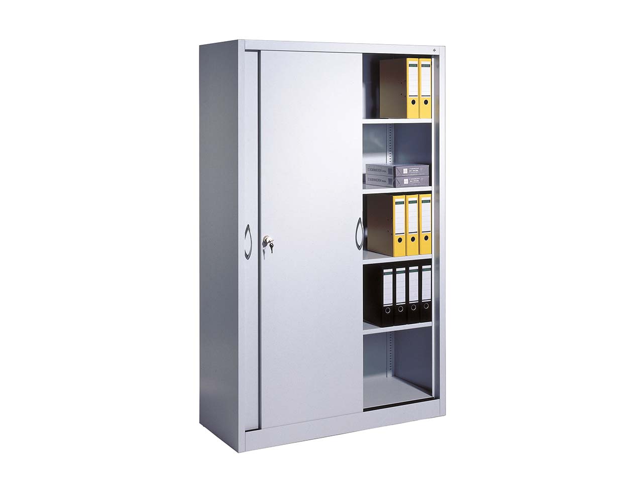 Schiebetürenschrank aus Stahl 120 cm breit lichtgrau  T 40  H 195