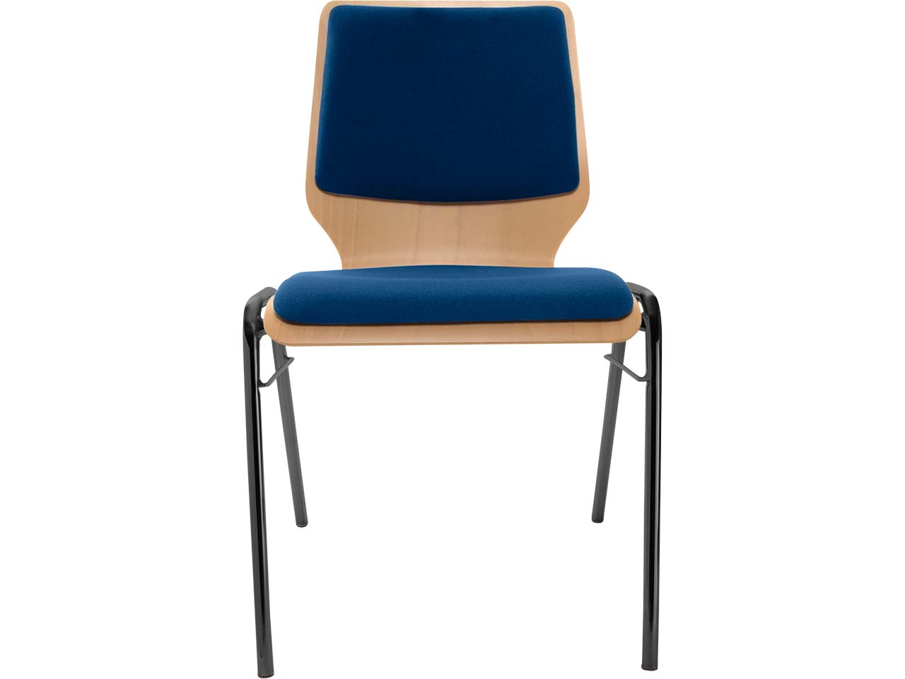 Besucherstuhl "A2" Buche lackiert, Gestell schwarz, Steg, Sitz- und Rückenpolster blau