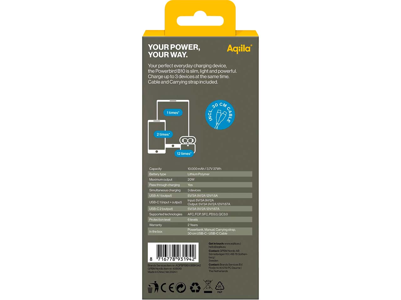 Aqiila Powerbank "Powerbird B10" 10.000 mAh, schwarz