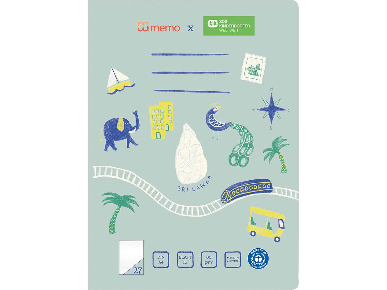 memo x SOS-Kinderdörfer weltweit Schulheft DIN A4, 16 Blatt, Lin. 27