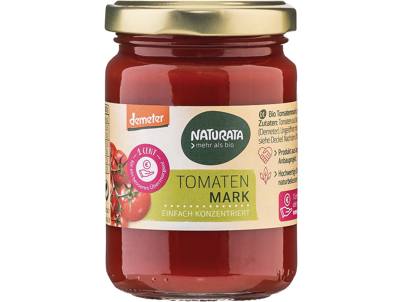 NATURATA Bio-Tomatenmark im Glas, einfach konzentriert, demeter-zertifiziert, 125 g