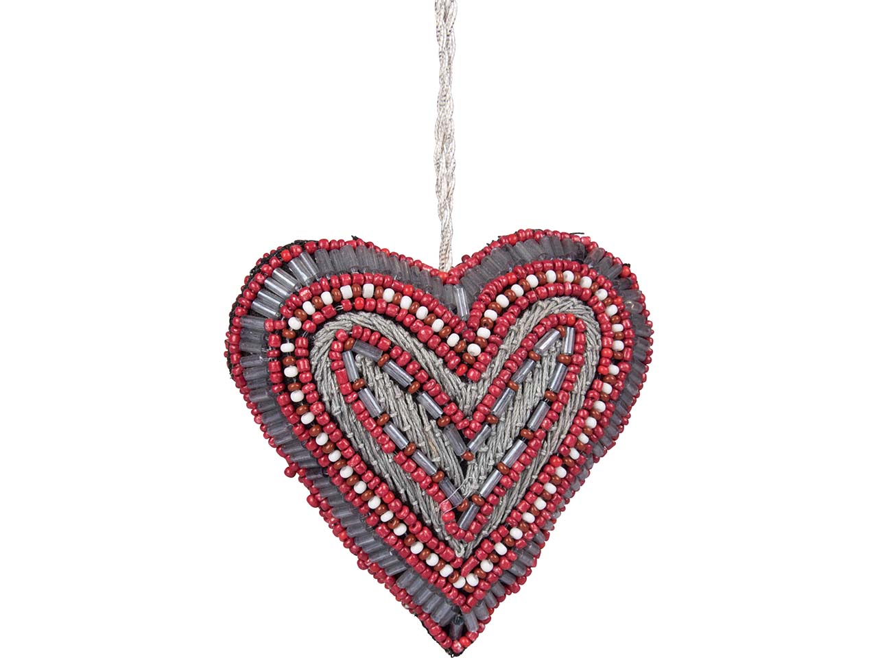 Weltpartner Dekoanhänger "Herz" aus Baumwolle bestickt mit roten und silbernen Glasperlen