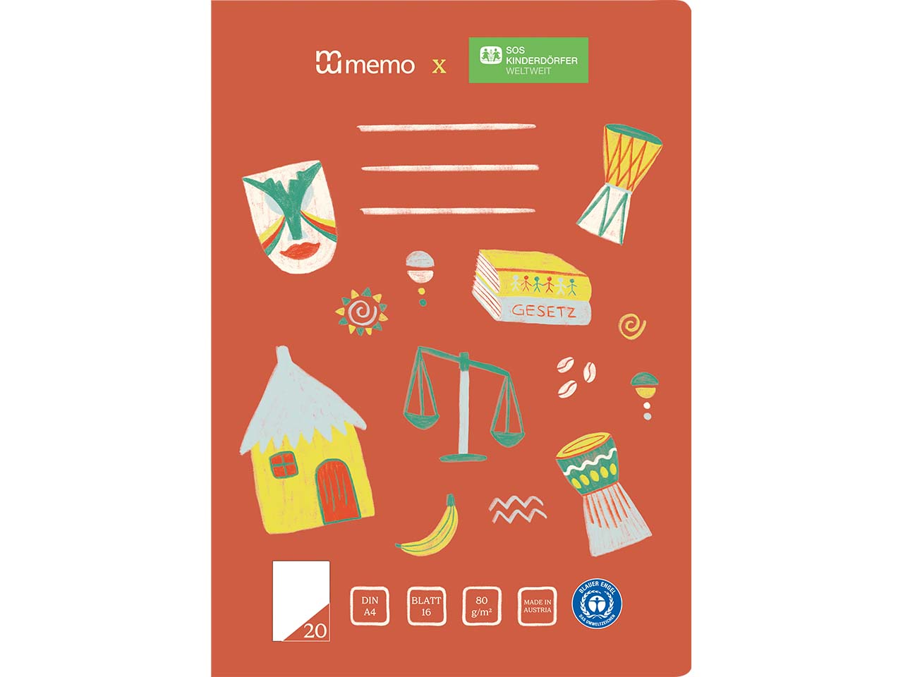 memo x SOS-Kinderdörfer weltweit Schulheft DIN A4, 16 Blatt, Lin. 20