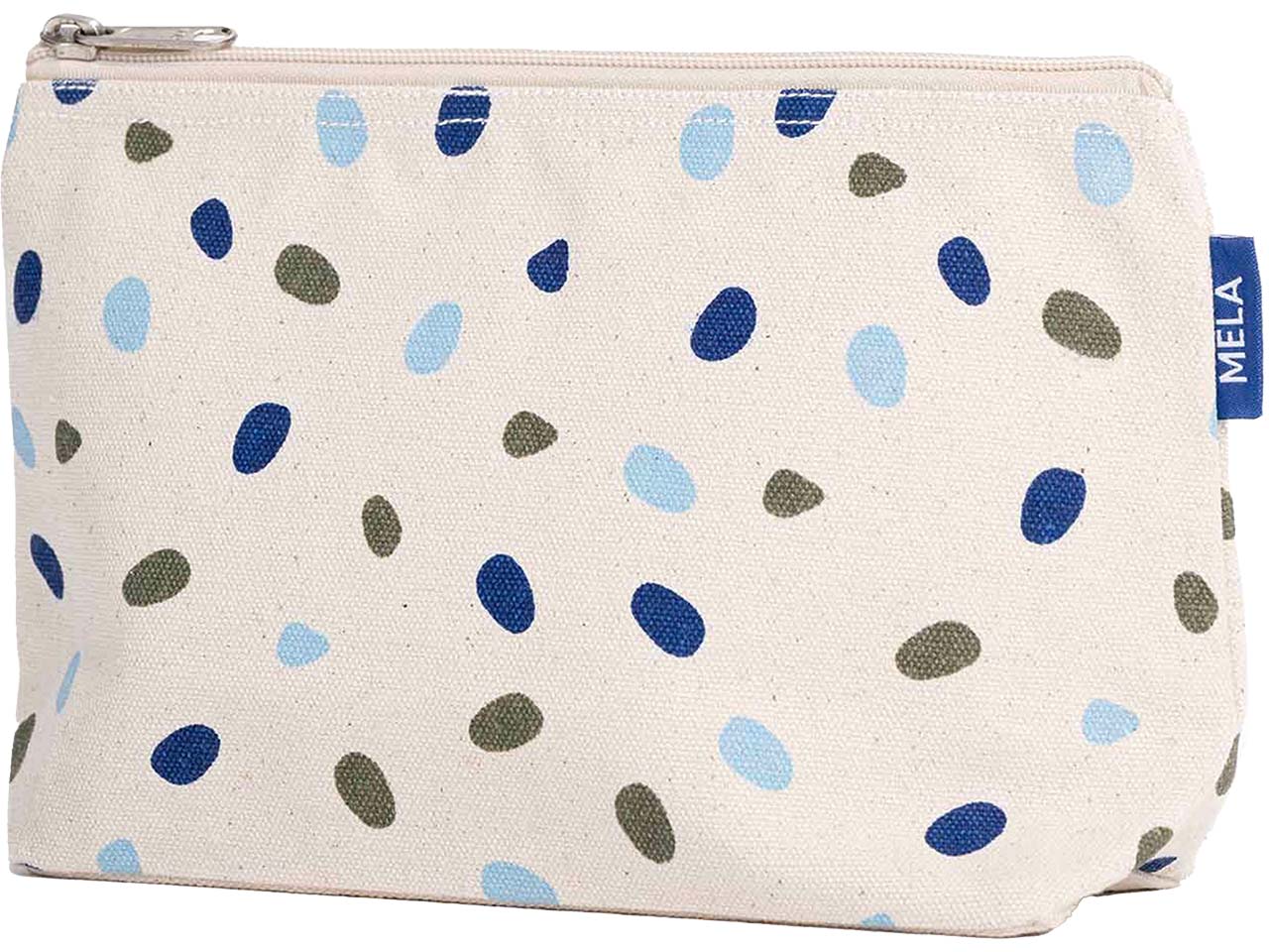 MELA Kosmetiktasche aus Bio-Baumwoll-Canvas 20 x 15 cm, greige/blue dots print