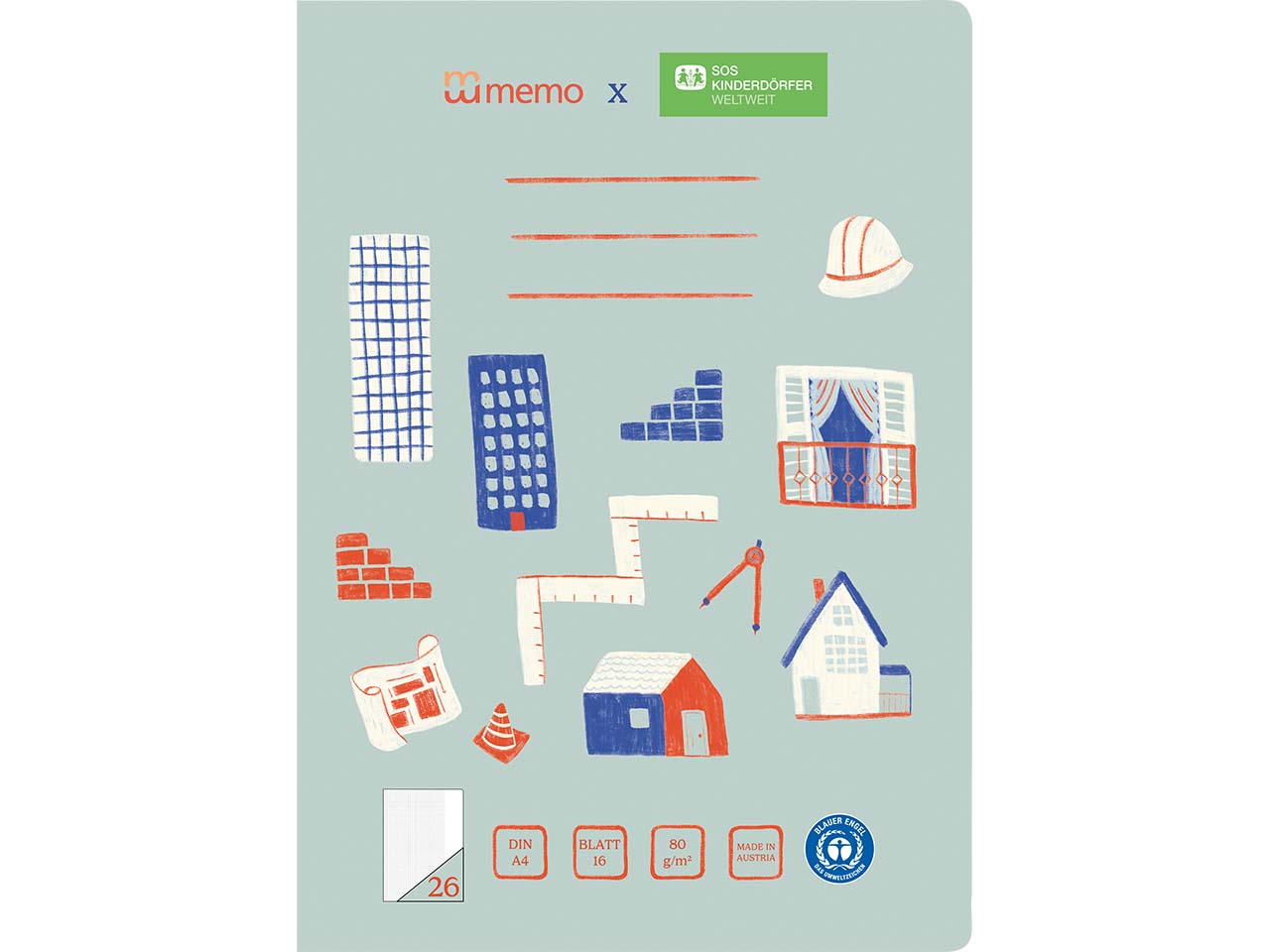 memo x SOS-Kinderdörfer weltweit Schulheft DIN A4, 16 Blatt, Lin. 26