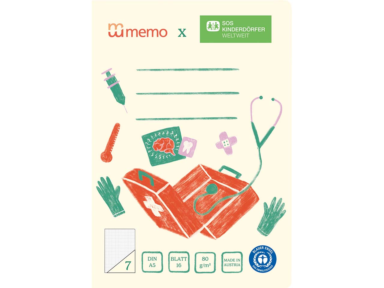 memo x SOS-Kinderdörfer weltweit Schulheft DIN A5, 16 Blatt, Lin. 7