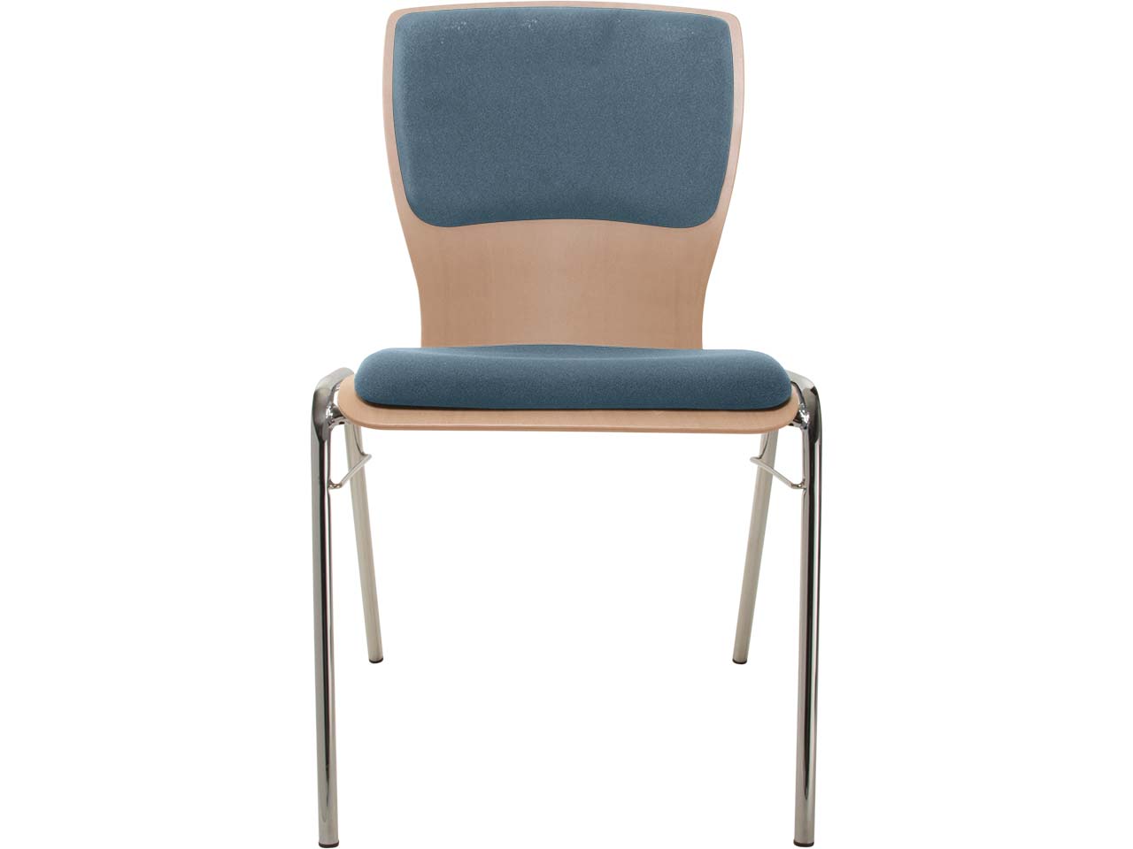 Besucherstuhl "A29" Buche lackiert, Gestell verchr., Steg, Sitz- und Rückenpolster stahlbl