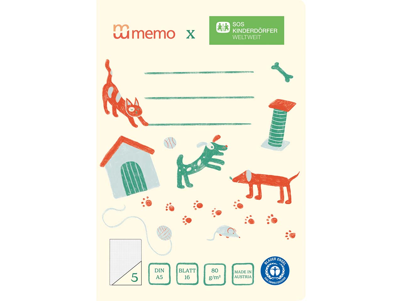 memo x SOS-Kinderdörfer weltweit Schulheft DIN A5, 16 Blatt, Lin. 5