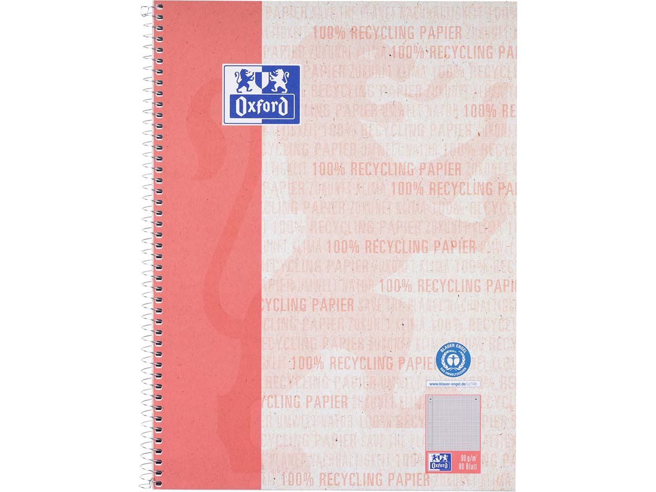 OXFORD Recycling Collegeblock A4+, 80 Blatt, kariert Rand links, 90 g/m²