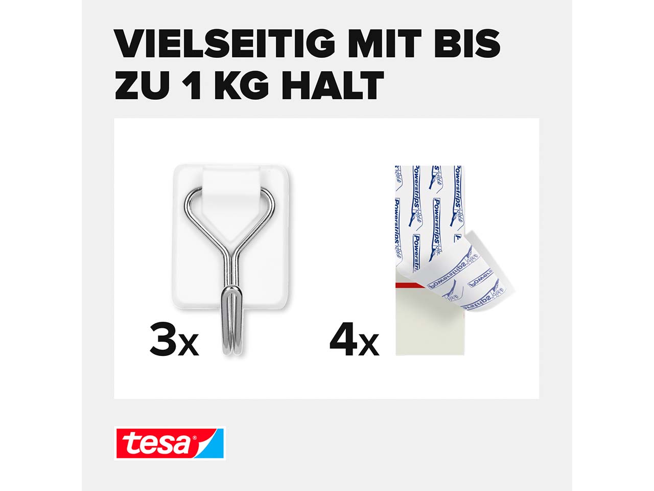 tesa Selbstklebende Draht-Wandhaken "Powerstrips" bis 1 kg, weiß, 3er-Pack
