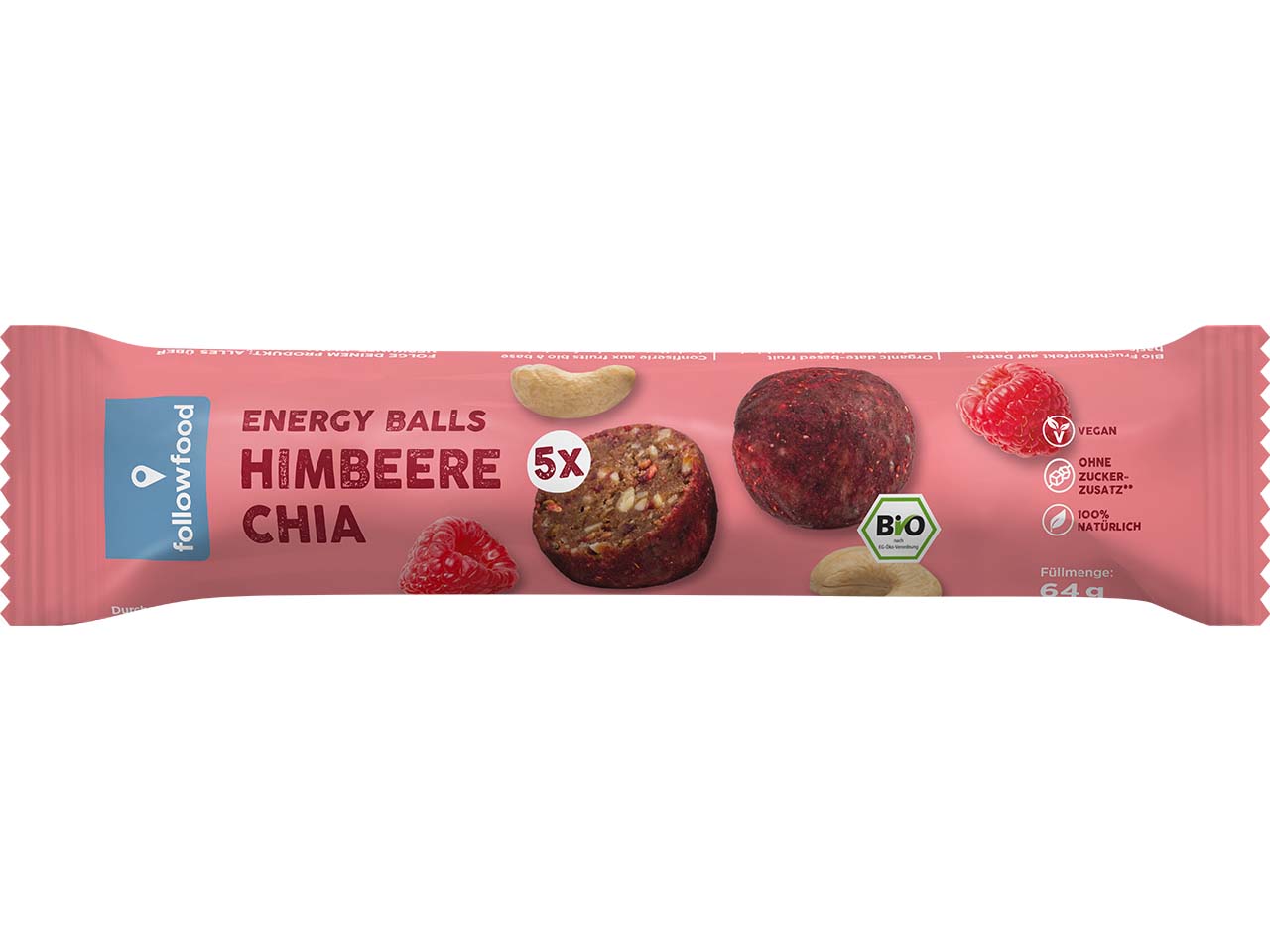followfood Bio-Fruchtkugeln Himbeere und Chia, Energy Balls, 64 g