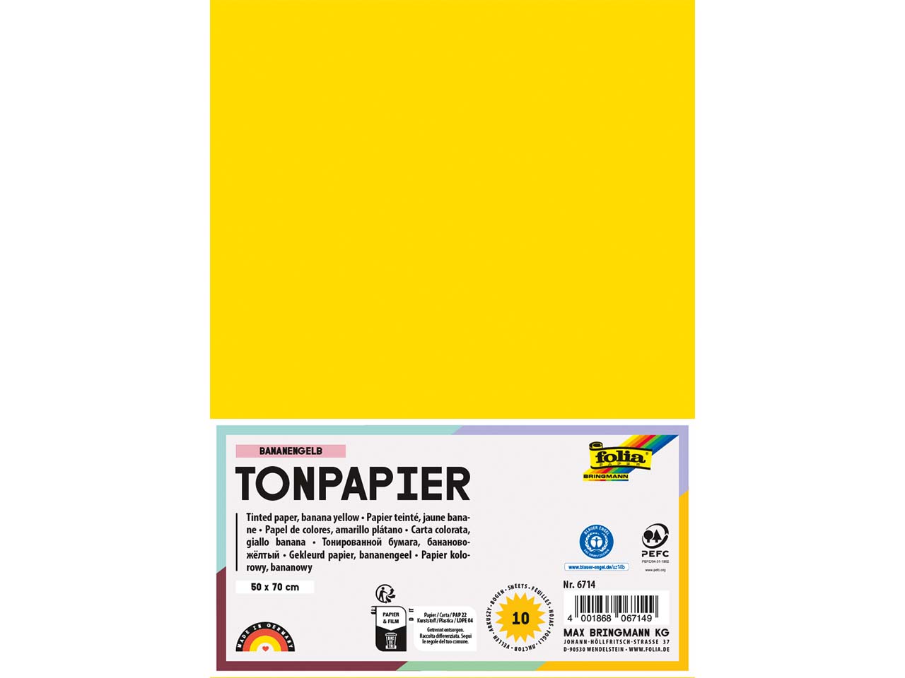 folia Tonpapier, 130 g/m², 50 x 70 cm, 10 Bogen, bananengelb