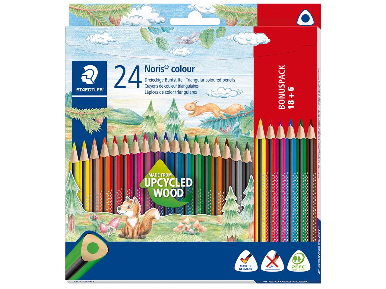 Staedtler Noris colour Buntstifte, "Upcycled Wood", farbig sortiert, 18+6, Dreikant