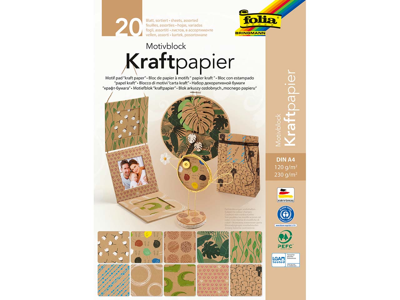 folia Motivblock Kraftpapier II, DIN A4, 20 Blatt sortiert