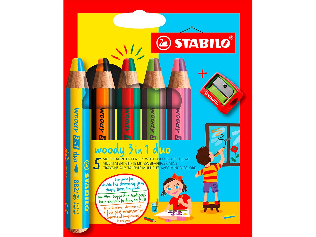 STABILO Duo Buntstift woody 3 in 1 duo, zweifarbige Mine, 5er Pack inkl. Spitzer