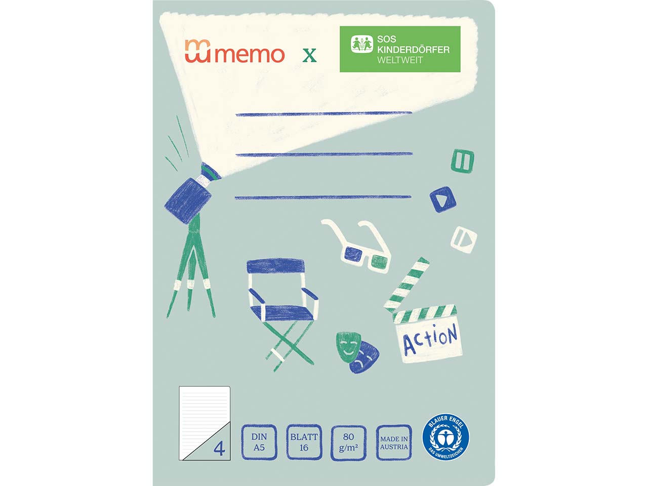 memo x SOS-Kinderdörfer weltweit Schulheft DIN A5, 16 Blatt, Lin. 4