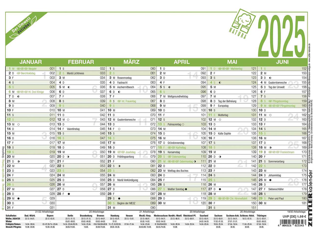 Zettler Wandtafelkalender DIN A4 2025