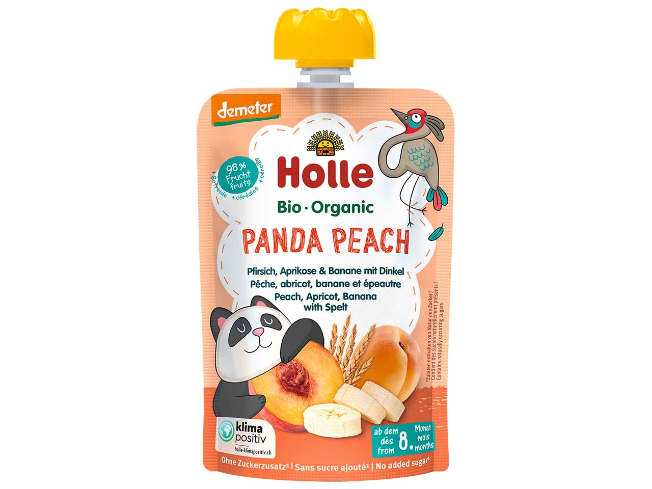 Holle Quetschie Bio-Fruchtmus "Pfirsich, Aprikose, Banane, Dinkel", Panda Peach, 100 g