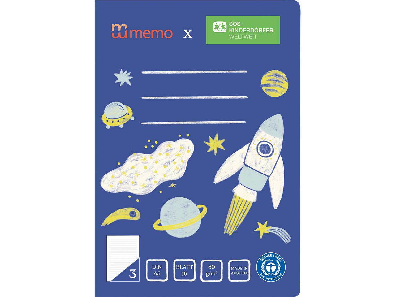 memo x SOS-Kinderdörfer weltweit Schulheft DIN A5, 16 Blatt, Lin. 3