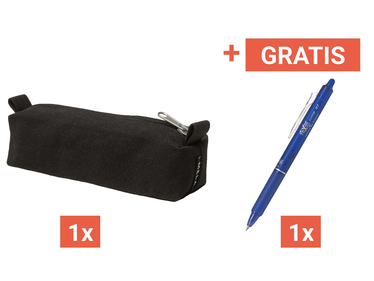 MELA Federmäppchen aus Bio-Baumwoll-Canvas, schwarz + Gratis Pilot Frixion Clicker, blau