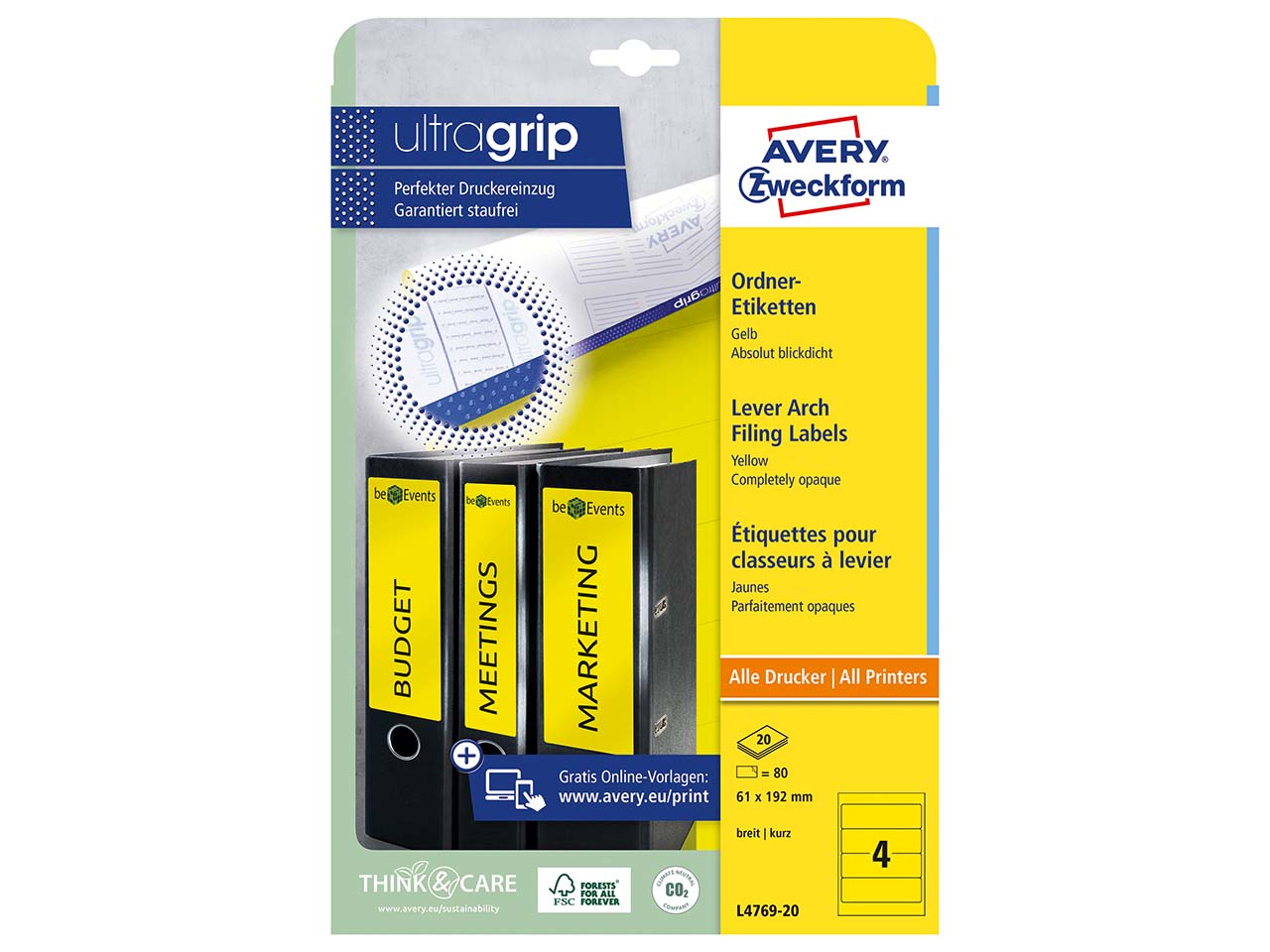 80 Rückenschilder für Rücken 70-80 mm, 192 x 61 mm gelb