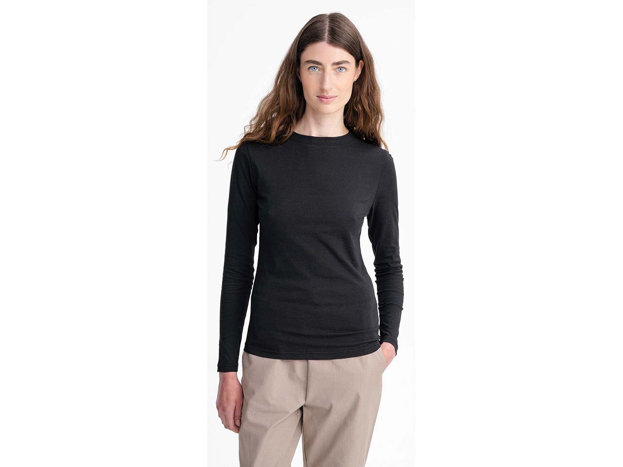 MELA Bio-Damen-Langarmshirt 'DHIVYA' mit Feinripp-Rundhalsausschnitt, schwarz, Gr. M