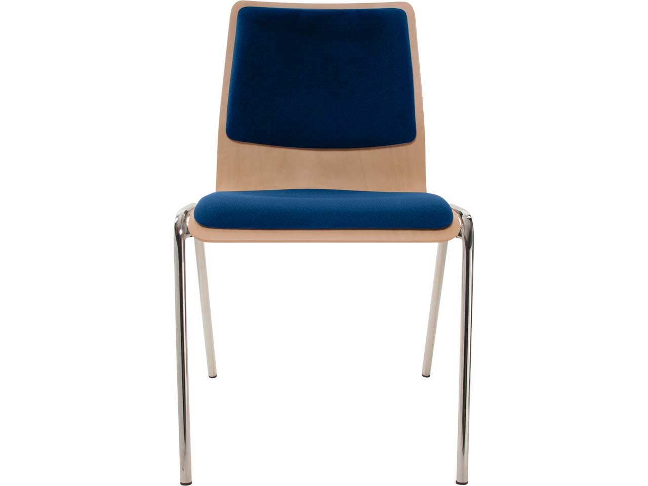 Besucherstuhl "A1" Buche lackiert, Gestell verchromt, Sitz- und Rückenpolster blau