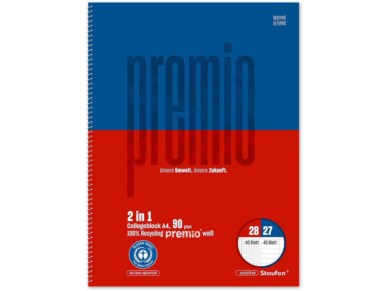 Staufen Collegeblock "Premio Twice" DIN A4 90g/m², 80 Blatt, Lineatur 27/28, 4-Loch