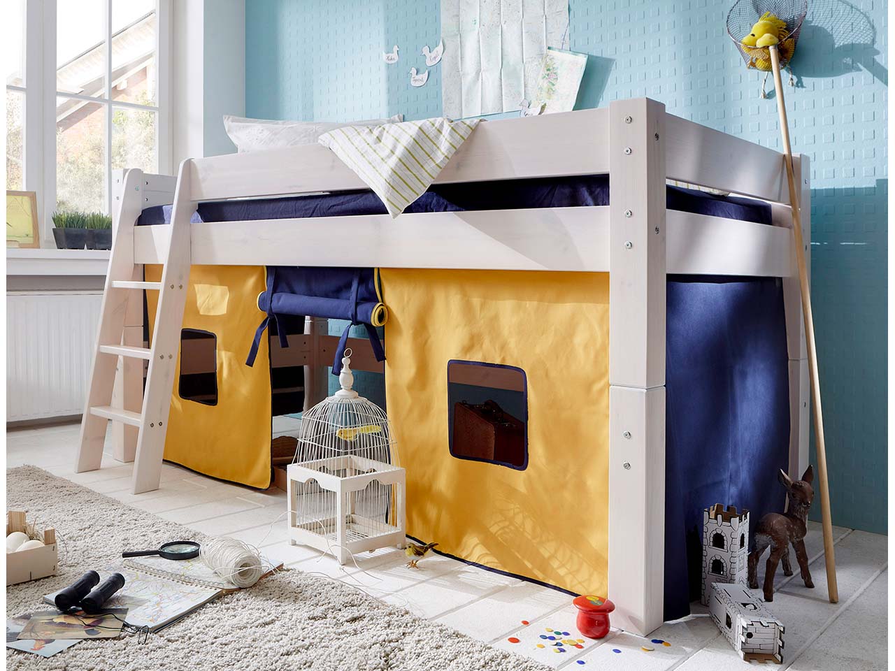 Hochbett "Tobykids" halbhoch B90xT200xH110 cm, Kiefer weiß