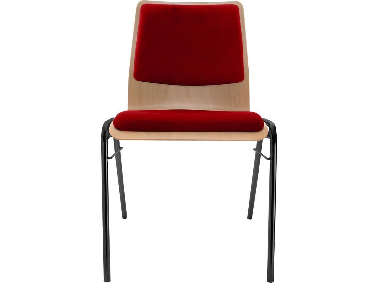 Besucherstuhl "A1" Buche lackiert, Gestell schwarz, Steg, Sitz- und Rückenpolster rot