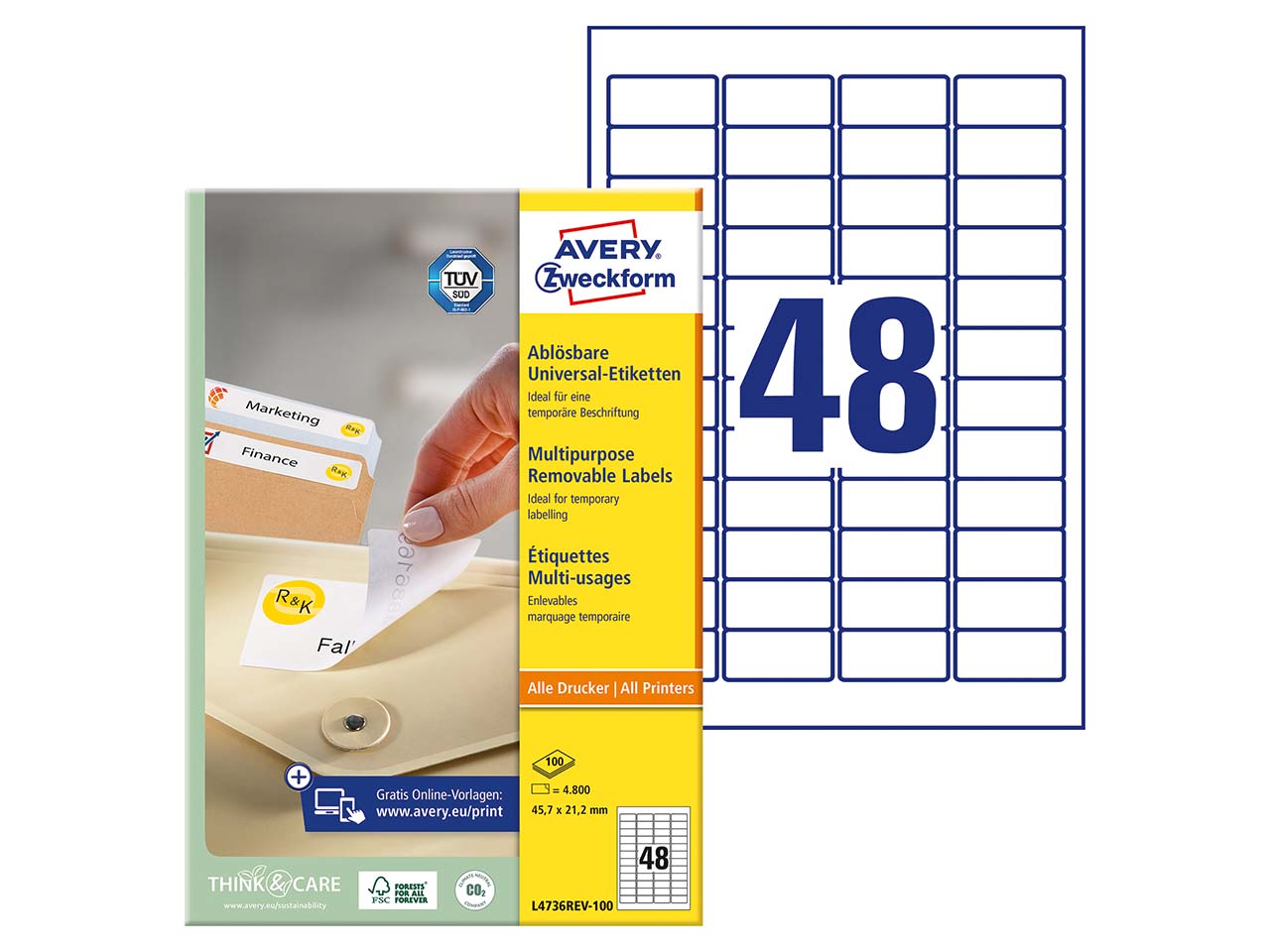 4.800 Avery Zweckform Universaletiketten 45,7 x 21,2 mm, A4, wiederablösbar
