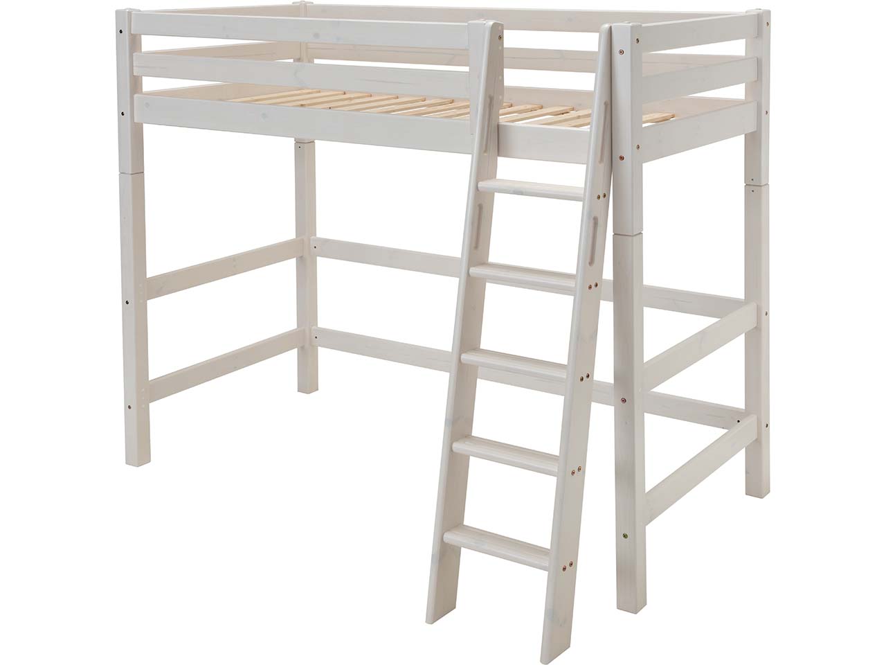 Hochbett "Infanskids" hoch, 90x200 cm, Höhe 180 cm, Leiter schräg, Kiefer weiß