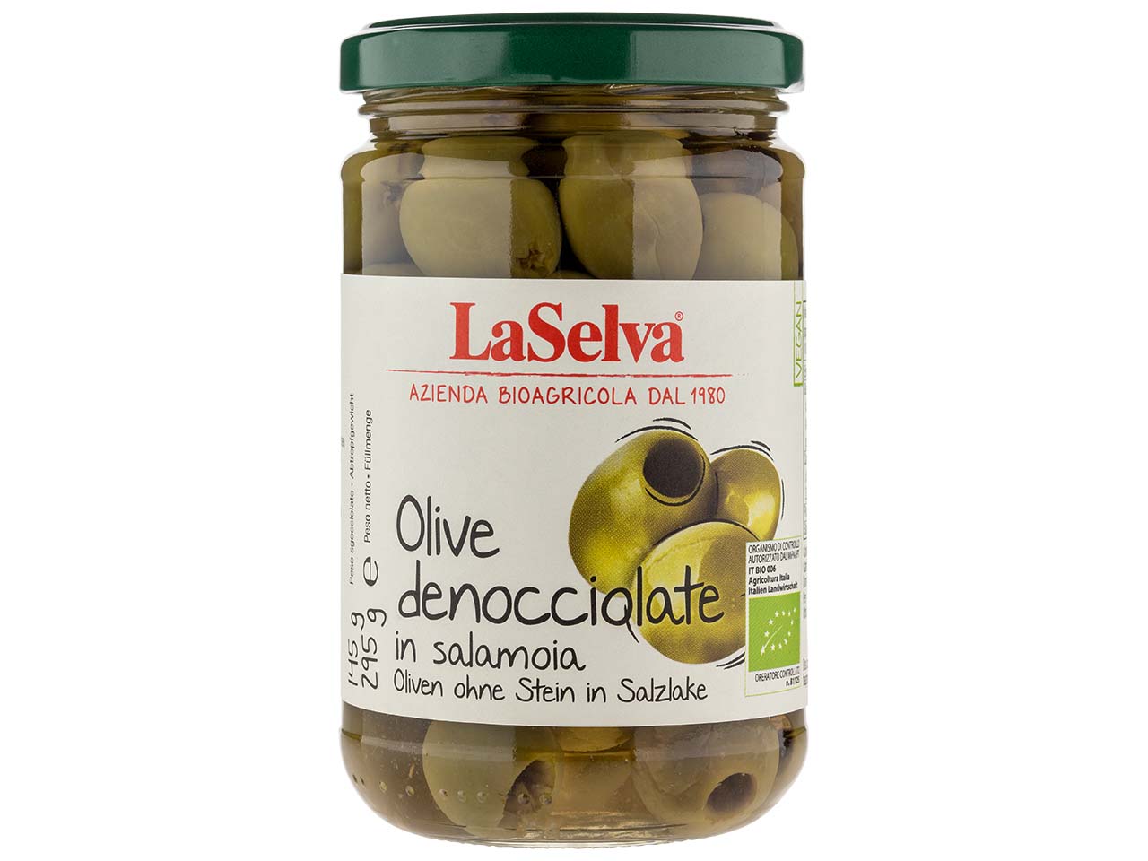 LaSelva Grüne Bio-Oliven in Salzlake, entsteint, 295 g