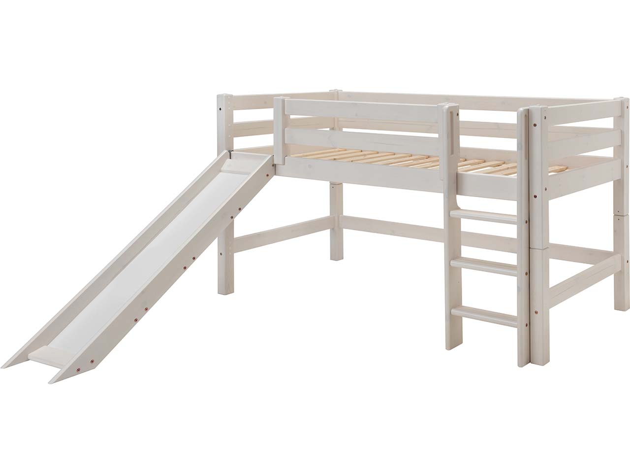 Hochbett "Infanskids" halbhoch, B90xT200xH117 cm, Leiter gerade, Rutsche, Kiefer weiß