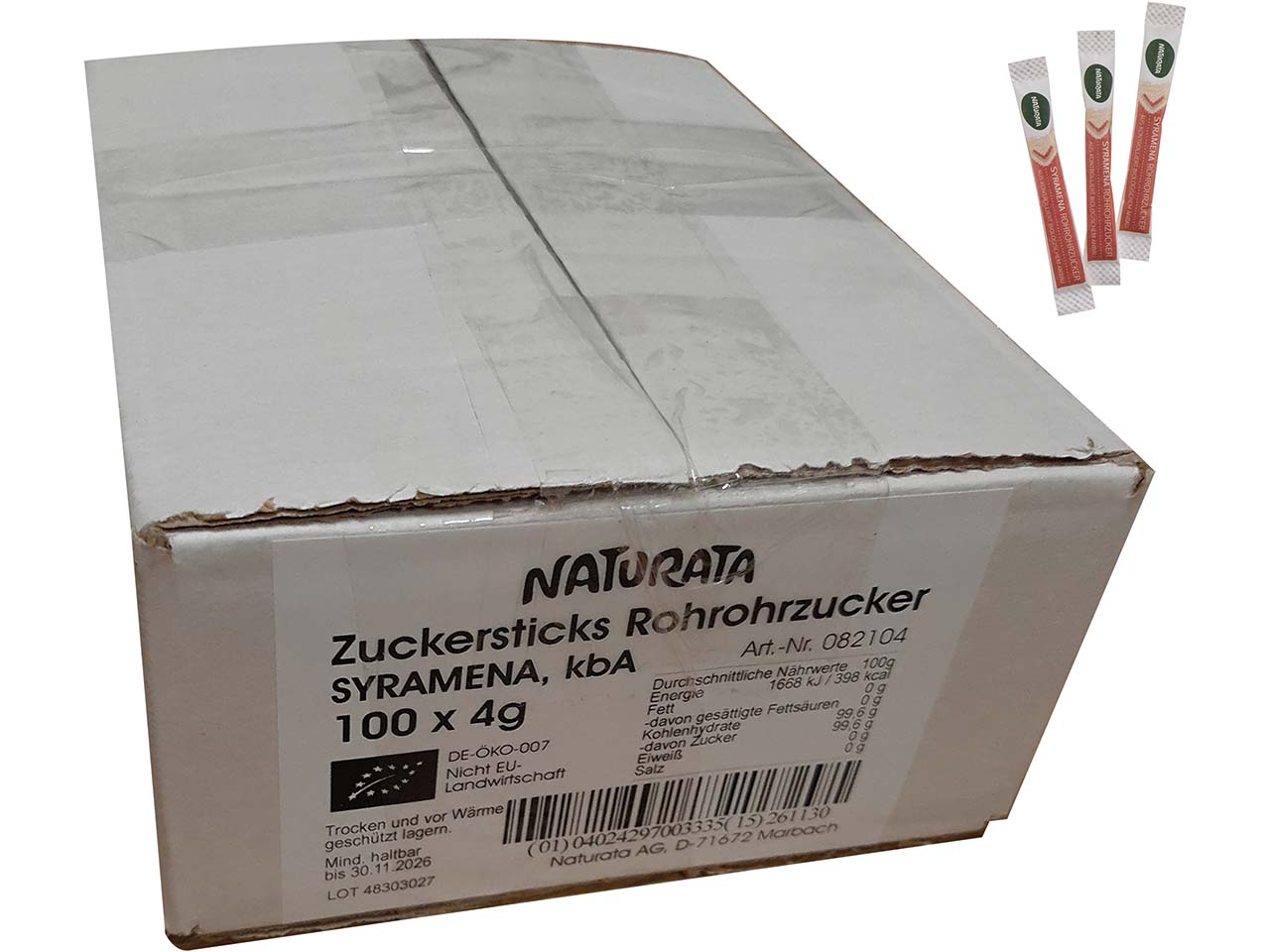 NATURATA Bio-Zuckersticks aus Syramena Rohrohrzucker, 100 x 4 g