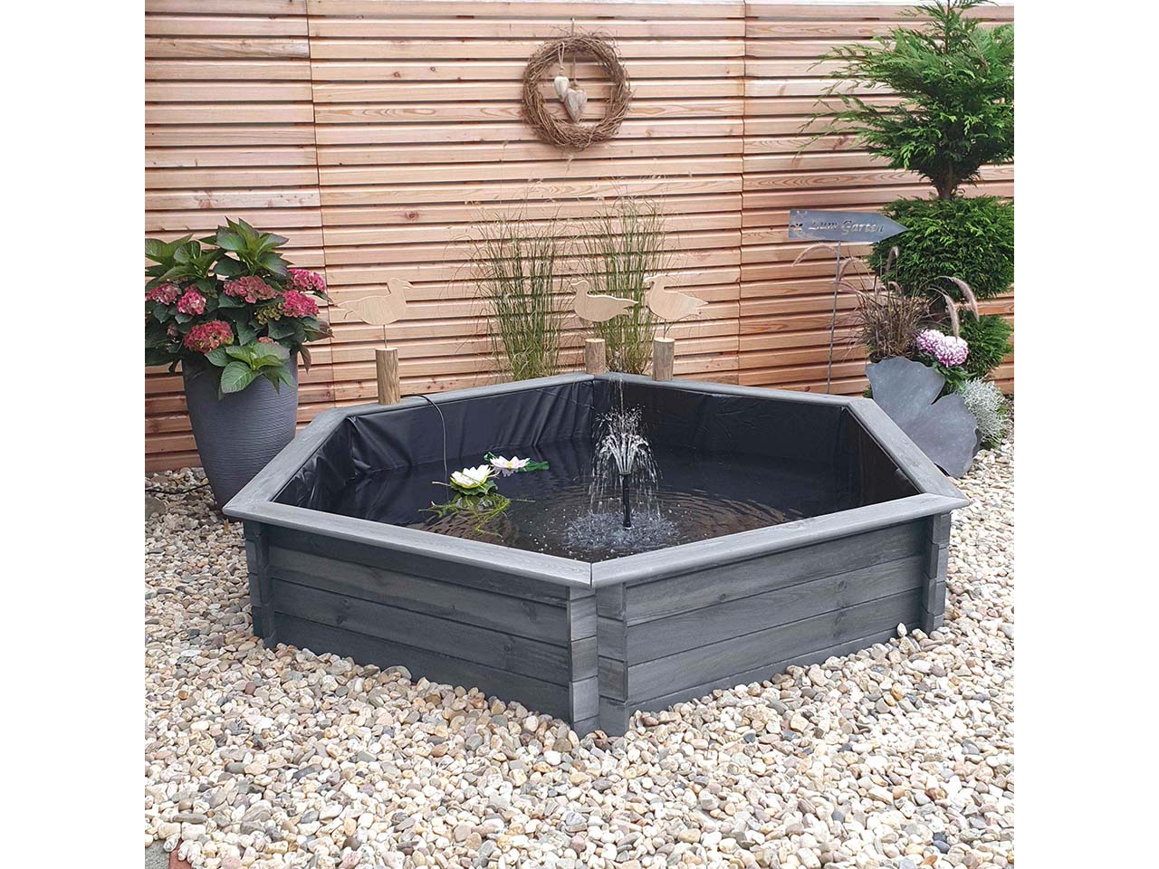 Sechseck-Hochteich 200 cm inkl. Umwälzpumpe und Teichfolie, grau
